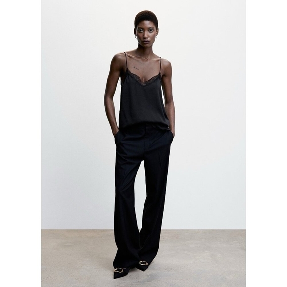 Mango Black Lace Satin Camisole Top Sleeveless V-Neck Lingerie Style Top Size S - Picture 1 of 6